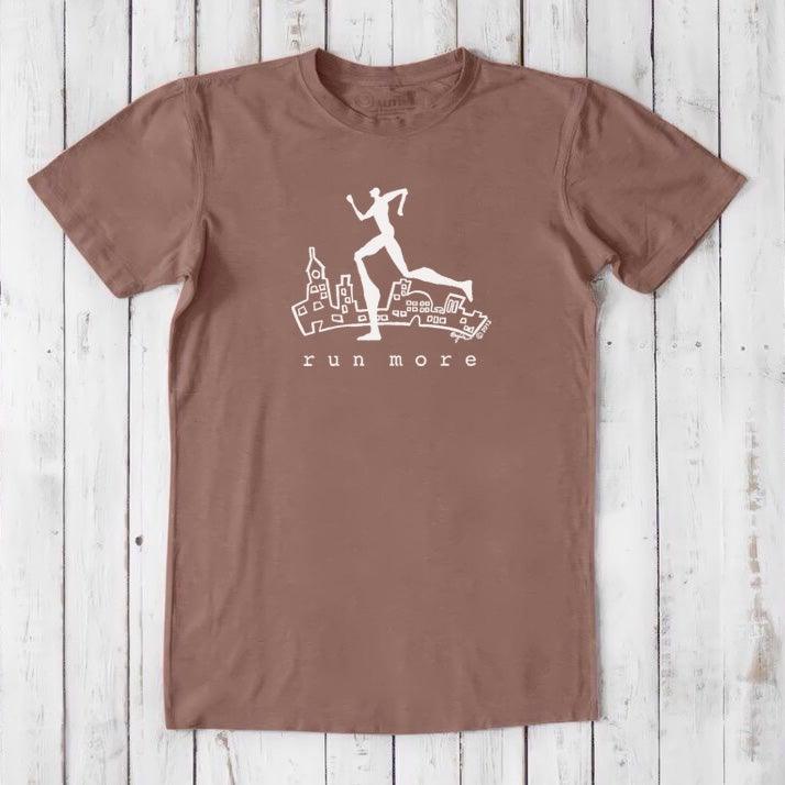 Brown 'Run More' men's graphic T-shirt crafted from bamboo and organic cotton, designed for runners and fitness lovers.