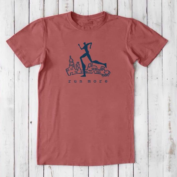 Red 'Run More' men's bamboo and organic cotton T-shirt with navy runner and city graphic, perfect gift for active lifestyles.