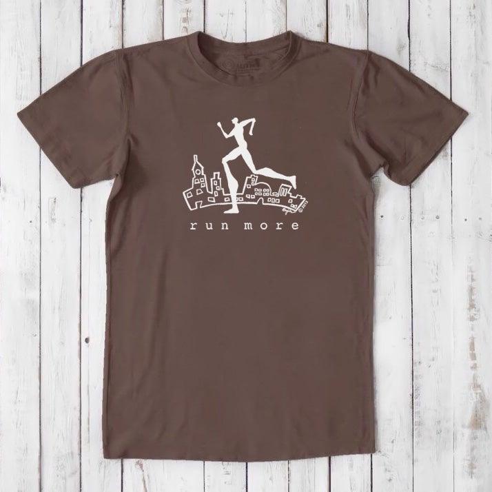 Chocolate brown 'Run More' men's eco-friendly T-shirt with white runner and city graphic, ideal for sustainable fitness fashion.