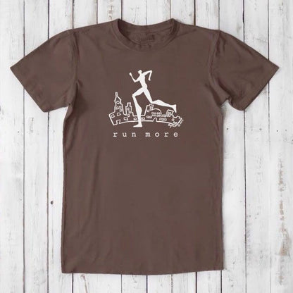 Chocolate brown 'Run More' men's eco-friendly T-shirt with white runner and city graphic, ideal for sustainable fitness fashion.