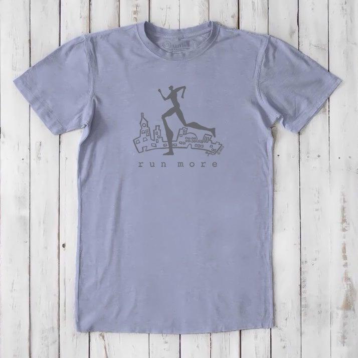 Lavender 'Run More' men's bamboo and organic cotton T-shirt with gray runner design, combining comfort and motivation for runners.