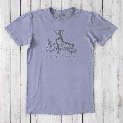 Lavender 'Run More' men's bamboo and organic cotton T-shirt with gray runner design, combining comfort and motivation for runners.
