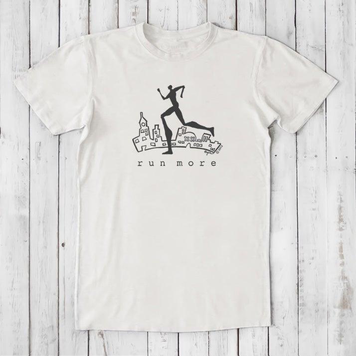 White 'Run More' men's bamboo and organic cotton T-shirt with black runner and city graphic, perfect for casual or athletic wear.