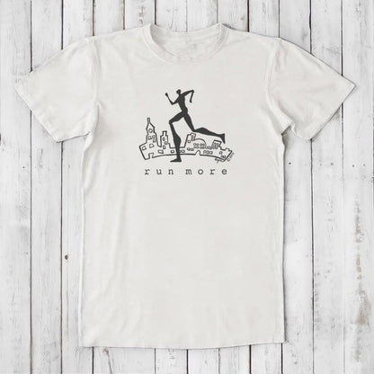 White 'Run More' men's bamboo and organic cotton T-shirt with black runner and city graphic, perfect for casual or athletic wear.