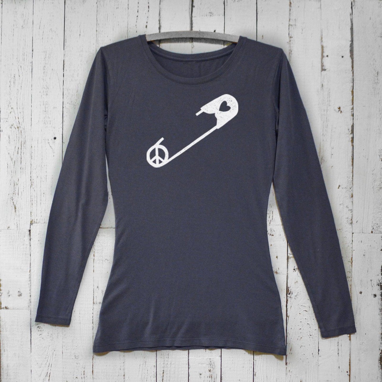 Charcoal gray bamboo women’s long sleeve tee with white safety pin, peace sign, and heart graphic, eco-friendly organic cotton by Uni-T.