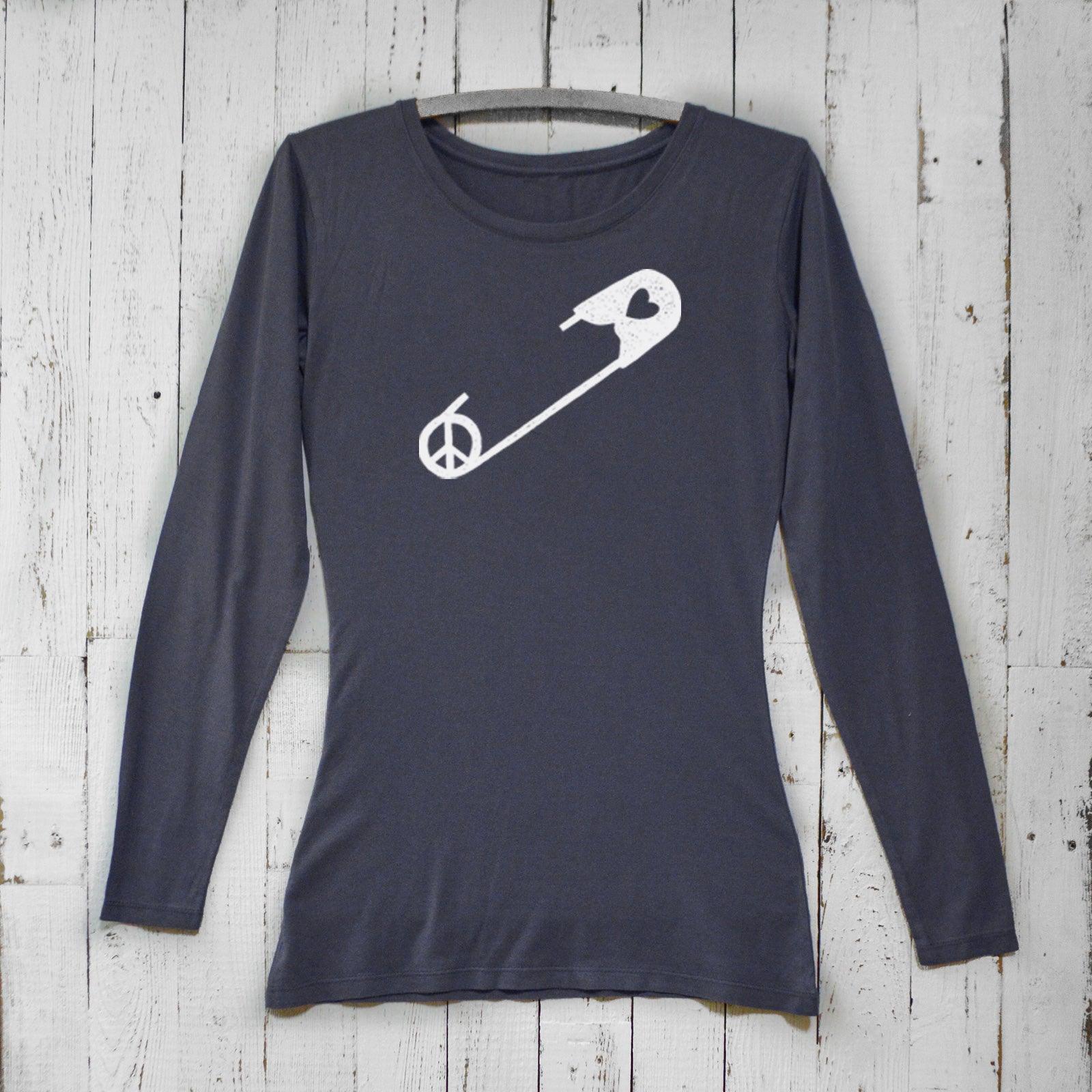Charcoal gray bamboo women’s long sleeve tee with white safety pin, peace sign, and heart graphic, eco-friendly organic cotton by Uni-T.