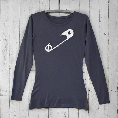 Charcoal gray bamboo women’s long sleeve tee with white safety pin, peace sign, and heart graphic, eco-friendly organic cotton by Uni-T.