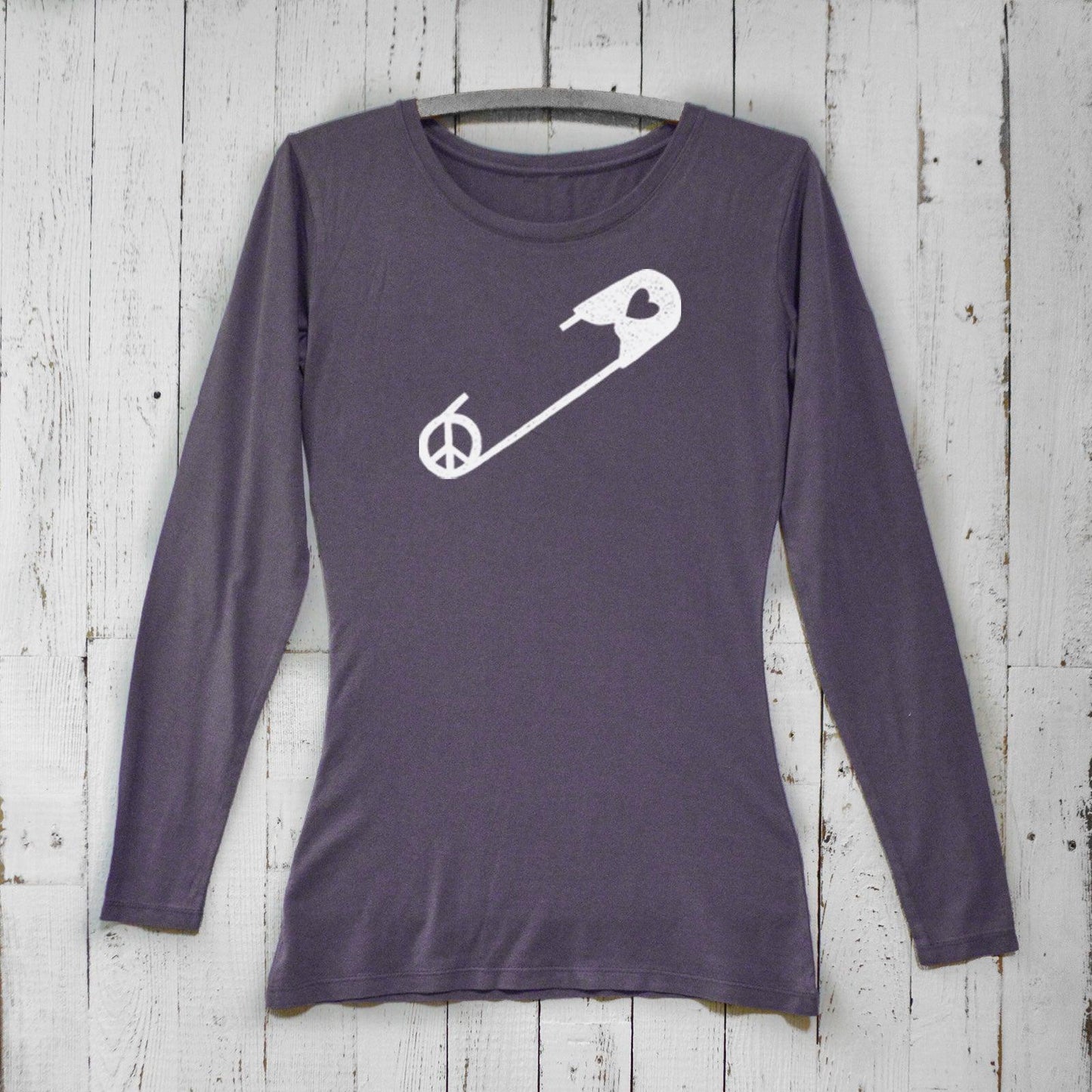 Dark purple bamboo women’s safety pin long sleeve t-shirt featuring peace and heart design, crafted from organic cotton by Uni-T.