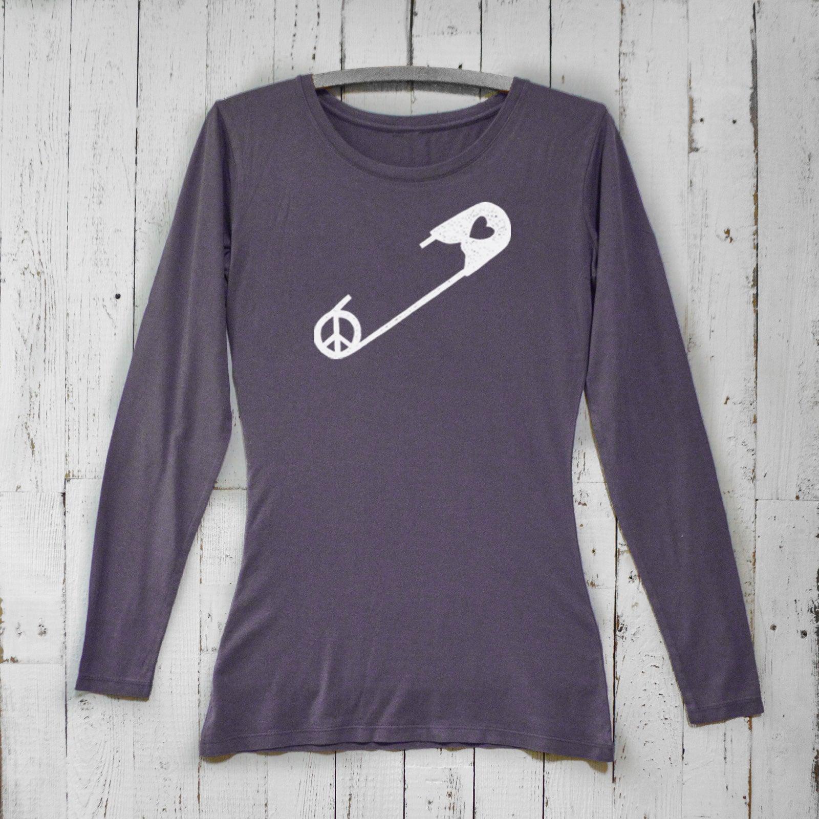 Dark purple bamboo women’s safety pin long sleeve t-shirt featuring peace and heart design, crafted from organic cotton by Uni-T.