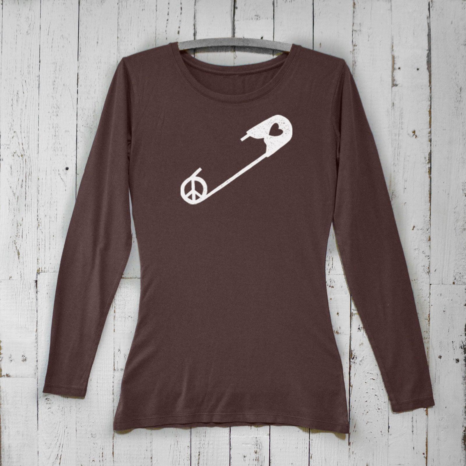 Dark brown bamboo women’s long sleeve t-shirt with white safety pin and peace symbol graphic, sustainable organic cotton by Uni-T.