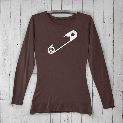 Dark brown bamboo women’s long sleeve t-shirt with white safety pin and peace symbol graphic, sustainable organic cotton by Uni-T.