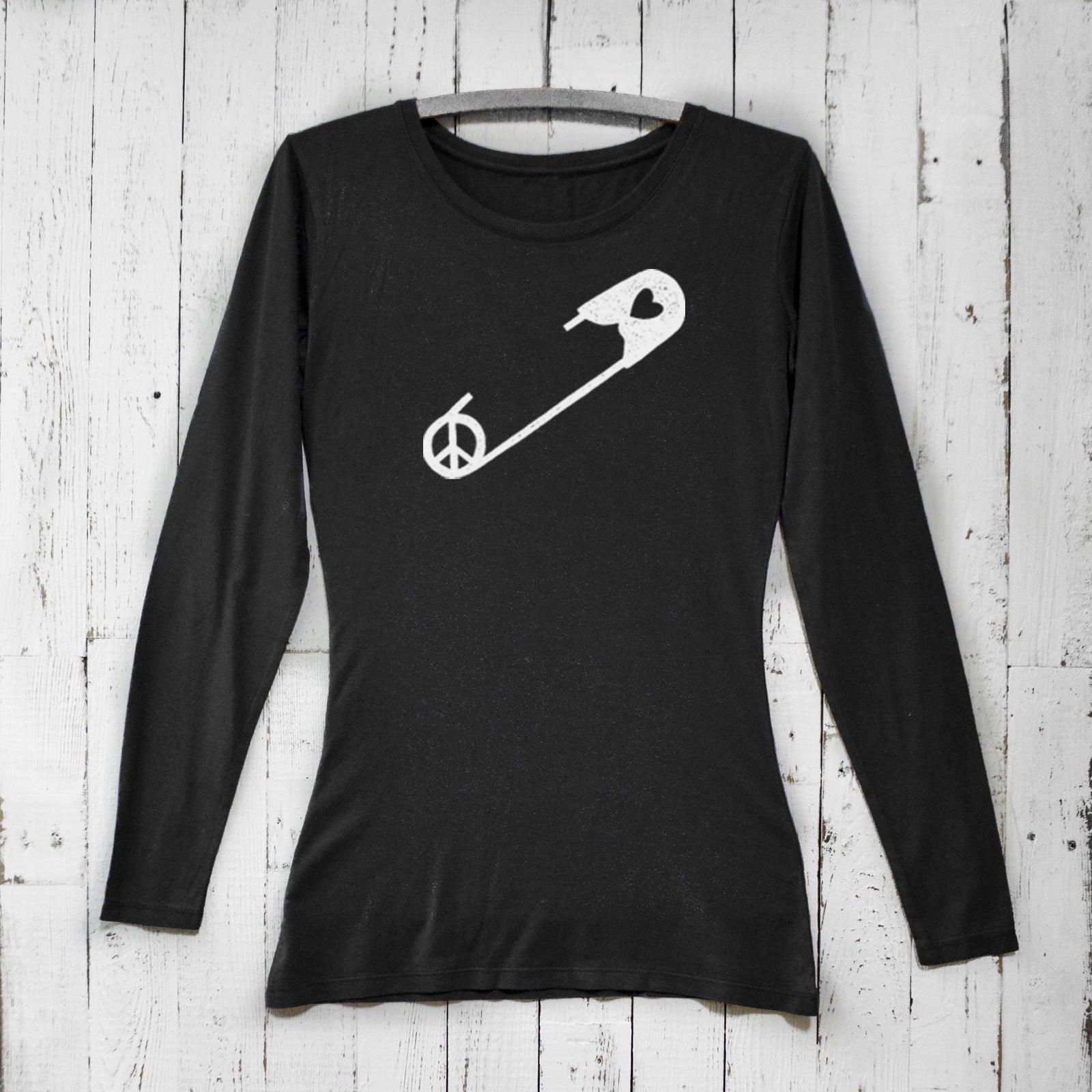 Black bamboo women’s safety pin long sleeve t-shirt with peace and heart graphic, eco-conscious organic cotton apparel by Uni-T.