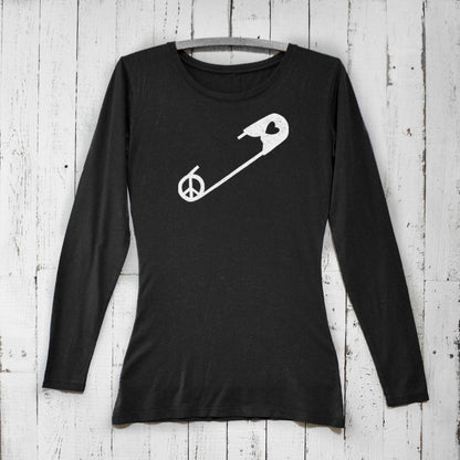 Black bamboo women’s safety pin long sleeve t-shirt with peace and heart graphic, eco-conscious organic cotton apparel by Uni-T.