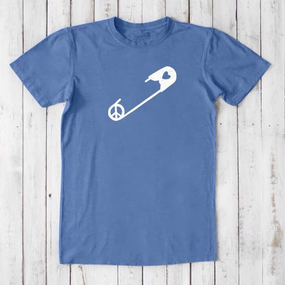 Men's Safety Pin T-Shirt in bamboo & organic cotton in ocean blue with white peace and heart graphic. Statement tee for allies and human rights.