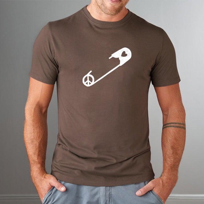 Brown 'Safety Pin Ally' men's bamboo & organic cotton t-shirt featuring white peace and heart pin graphic. Eco-friendly gift for solidarity.