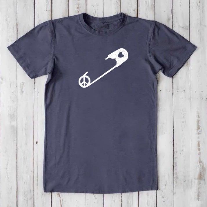 Navy men's bamboo & organic cotton t-shirt with white safety pin and peace sign graphic. Ethical fashion tee symbolizing unity and allyship.