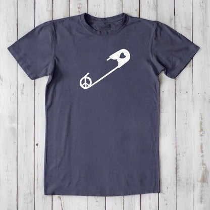 Navy men's bamboo & organic cotton t-shirt with white safety pin and peace sign graphic. Ethical fashion tee symbolizing unity and allyship.