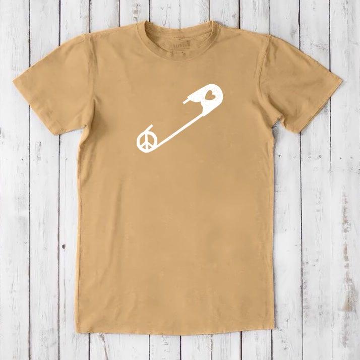 Mustard yellow men's 'Safety Pin Ally' t-shirt made from bamboo & organic cotton. Features white peace and heart pin graphic for human rights.