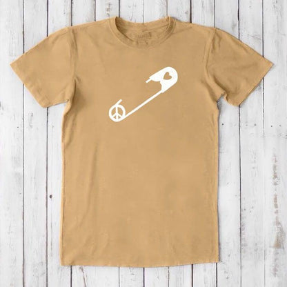 Mustard yellow men's 'Safety Pin Ally' t-shirt made from bamboo & organic cotton. Features white peace and heart pin graphic for human rights.