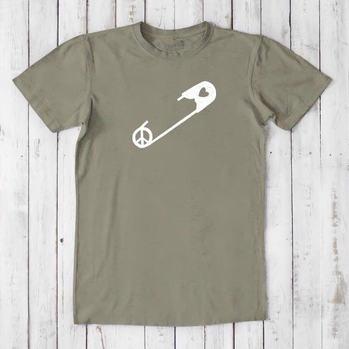 Slate green men's bamboo & organic cotton t-shirt with white safety pin and peace symbol. Sustainable tee promoting unity and ally support.