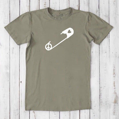 Slate green men's bamboo & organic cotton t-shirt with white safety pin and peace symbol. Sustainable tee promoting unity and ally support.