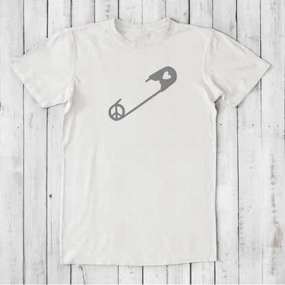 White 'Safety Pin Ally' men's t-shirt in bamboo & organic cotton with gray peace and heart pin graphic. Minimalist design for proud allies.