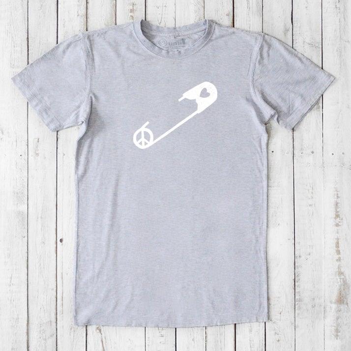 Heather gray men's bamboo & organic cotton t-shirt with white safety pin and peace sign. Eco-conscious graphic tee supporting human rights.