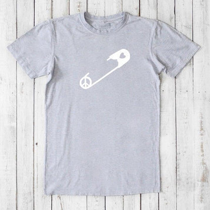 Heather gray men's bamboo & organic cotton t-shirt with white safety pin and peace sign. Eco-conscious graphic tee supporting human rights.