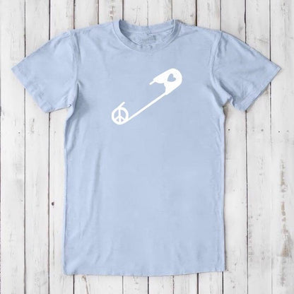 Light blue men's 'Safety Pin Ally' t-shirt in bamboo & organic cotton with white peace and heart pin graphic. Ideal gift for social justice allies.