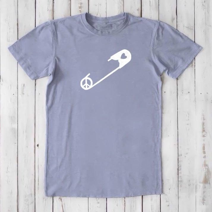 Slate blue men's bamboo & organic cotton t-shirt with white safety pin and peace symbol. Ethical fashion piece supporting unity and equality.
