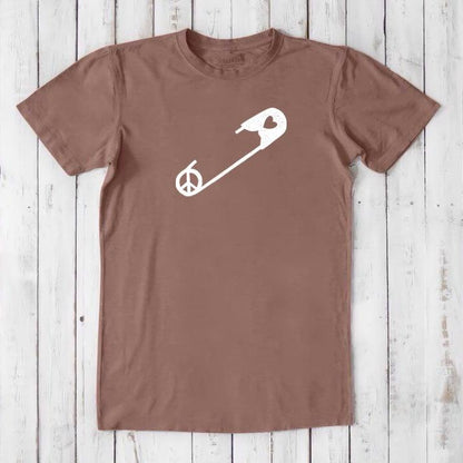 Light brown 'Safety Pin Ally' men's t-shirt made from bamboo & organic cotton. Features white peace and heart pin graphic for unity support.
