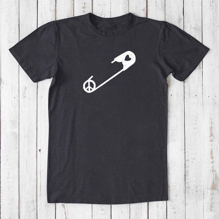 Black men's bamboo & organic cotton t-shirt with white safety pin and peace symbol. Statement graphic tee for allies and social justice.