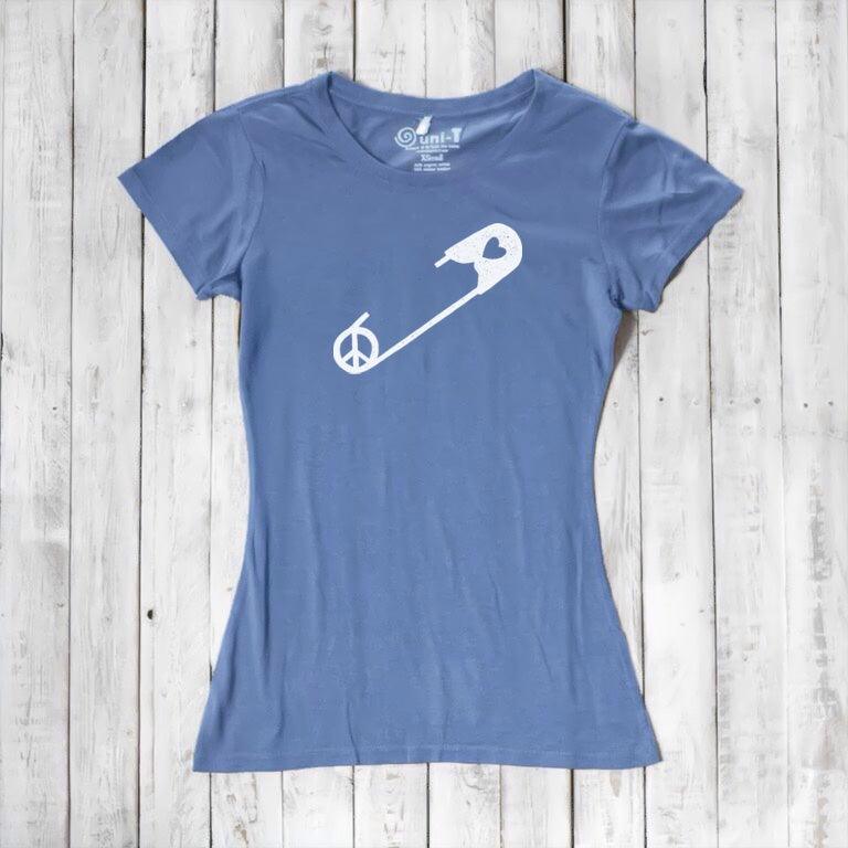 Slate blue Women's Peace & Love T-Shirt with white safety pin and peace symbol print. Sustainable bamboo cotton blend for activism wear.
