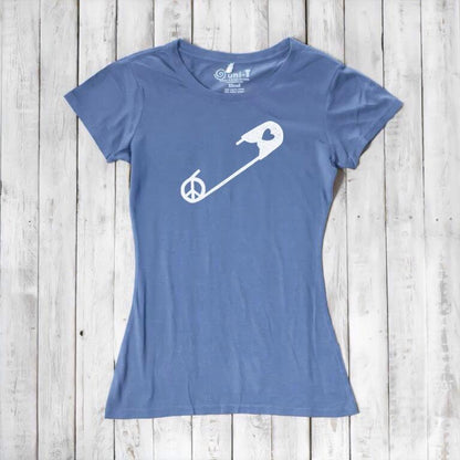 Slate blue Women's Peace & Love T-Shirt with white safety pin and peace symbol print. Sustainable bamboo cotton blend for activism wear.