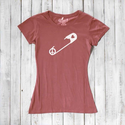 Dusty rose Women's Peace & Love T-Shirt with white safety pin and heart design. Organic cotton blend top for solidarity and activism.