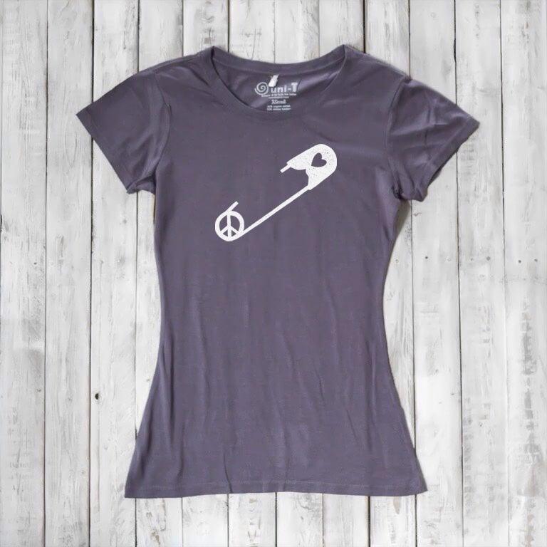 Heather gray Women's Peace & Love T-Shirt with white safety pin and peace sign. Ethical fashion tee supporting kindness and inclusion.