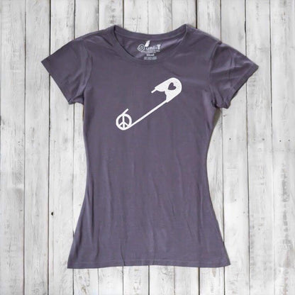 Heather gray Women's Peace & Love T-Shirt with white safety pin and peace sign. Ethical fashion tee supporting kindness and inclusion.