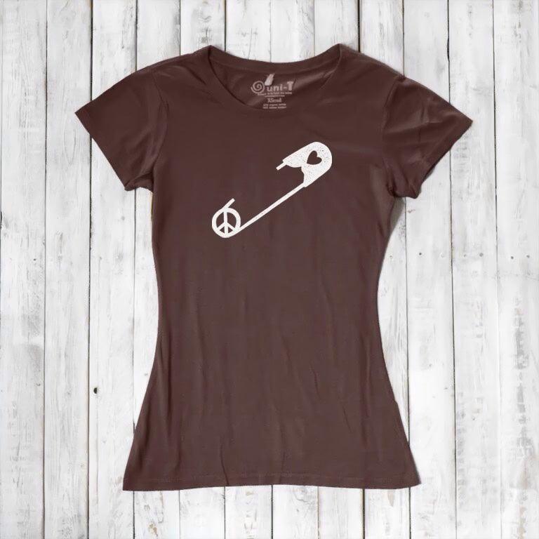 Chocolate brown Women's Peace & Love T-Shirt with white safety pin and heart design. Bamboo and organic cotton tee for advocates.