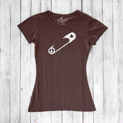 Chocolate brown Women's Peace & Love T-Shirt with white safety pin and heart design. Bamboo and organic cotton tee for advocates.
