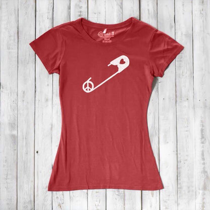 Red Women's Peace & Love T-Shirt with white safety pin and peace symbol. Sustainable activist apparel for women promoting unity.