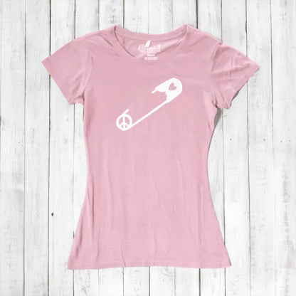 Pink Women's Peace & Love T-Shirt with white safety pin and heart graphic. Eco-friendly bamboo cotton tee for social justice supporters.