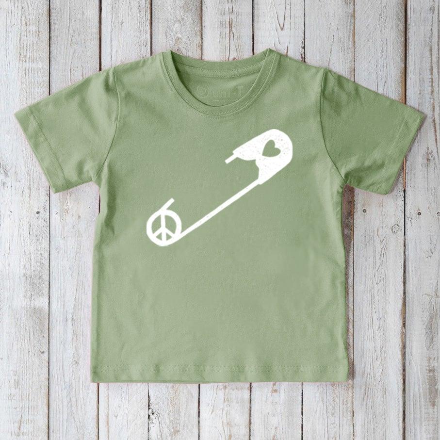 Kids' Safety Pin Organic Cotton T-Shirt in sage green with white peace and heart graphic, promoting inclusivity and kindness by Uni-T.