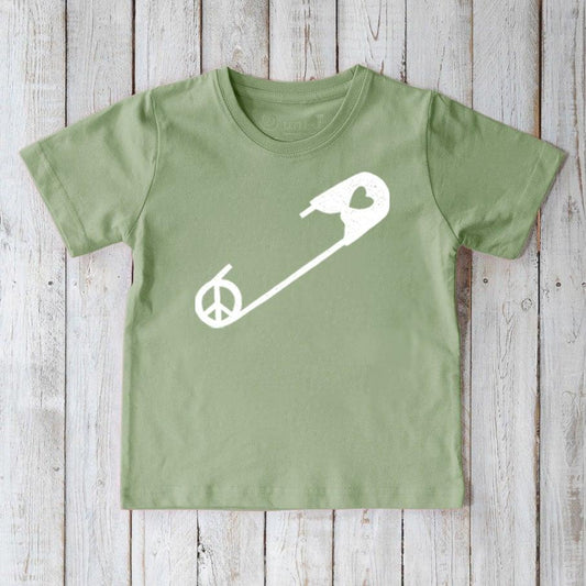 Kids' Safety Pin Organic Cotton T-Shirt in sage green with white peace and heart graphic, promoting inclusivity and kindness by Uni-T.