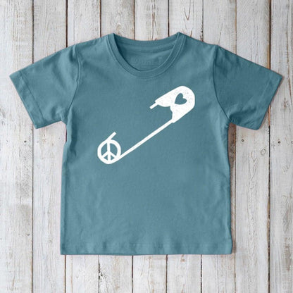 Blue Kids' Organic Cotton Safety Pin T-Shirt with white peace and heart graphic, an inclusive and eco-conscious tee by Uni-T for children.