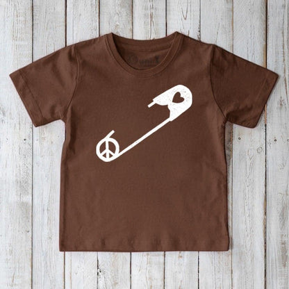 Brown Kids' Organic Cotton Safety Pin Tee with white peace and heart symbol, a sustainable and positive message shirt by Uni-T for kids.