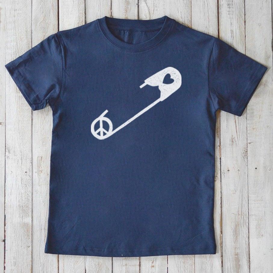 Navy Kids' Safety Pin Organic Cotton T-Shirt with white peace and heart graphic, a unisex sustainable kindness tee by Uni-T for children.
