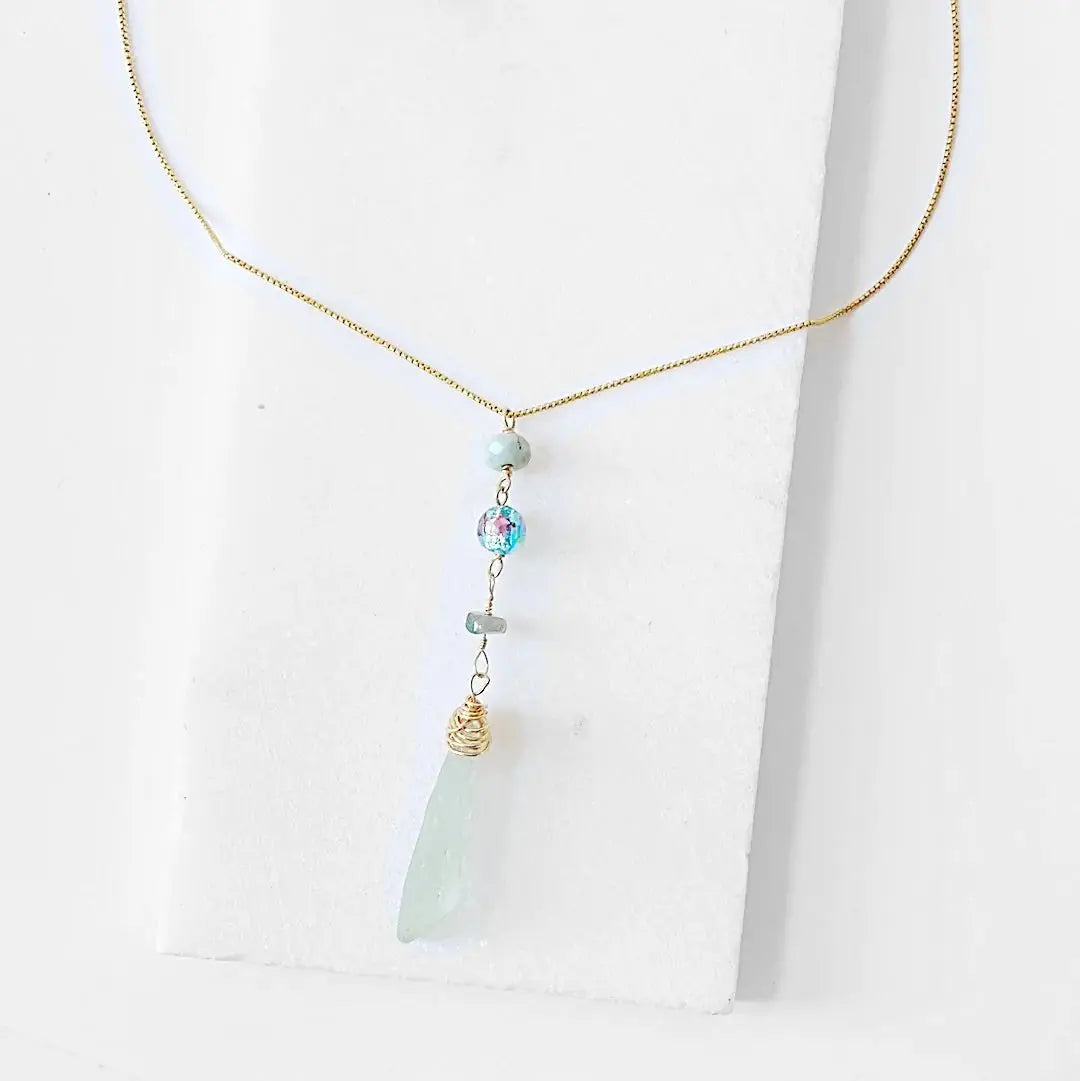 Sea Glass Necklace - Handmade Sea Glass Necklace with wire wrapped New England sea glass, Murano floral bead, and tourmaline drop on gold chain.