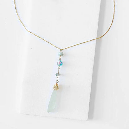 Sea Glass Necklace - Handmade Sea Glass Necklace with wire wrapped New England sea glass, Murano floral bead, and tourmaline drop on gold chain.