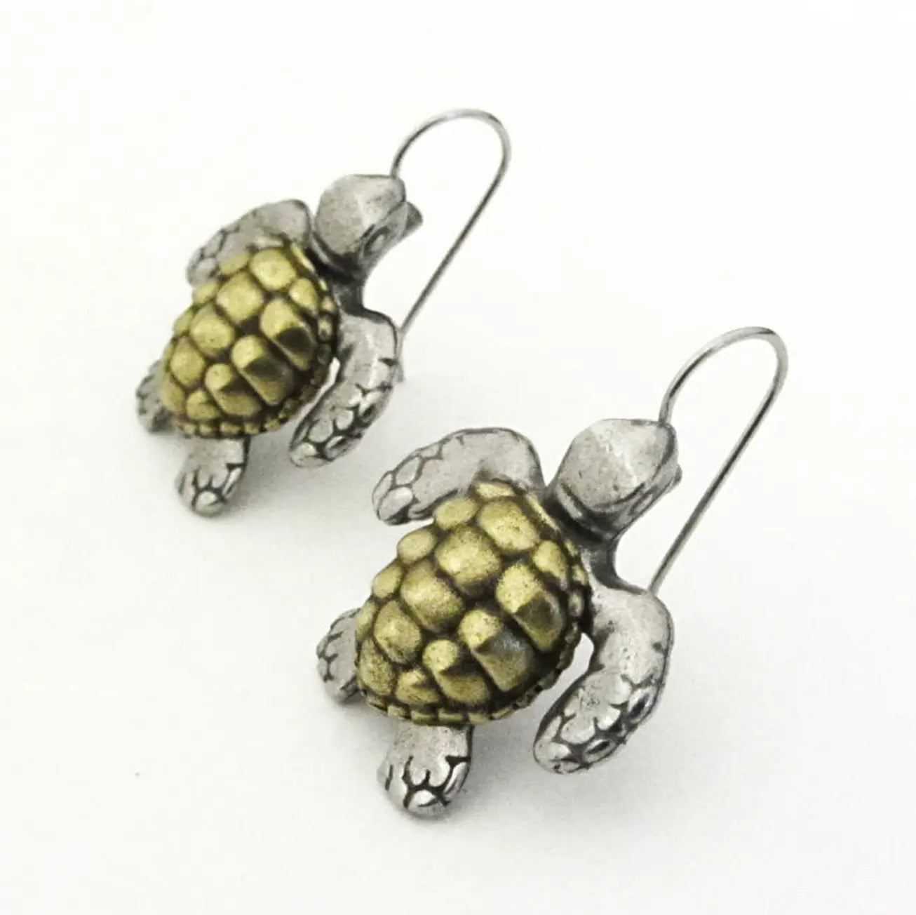 Two-toned Sea Turtle Earrings featuring detailed Loggerhead Turtle design in pewter and brass. Lightweight turtle jewelry for ocean lovers.