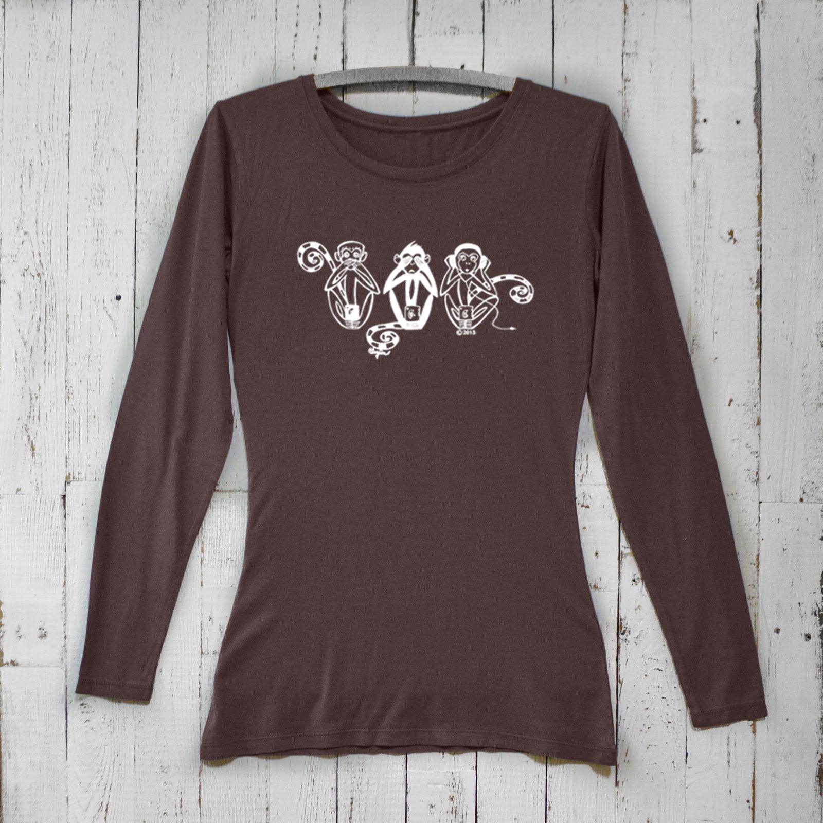 Dark brown women's long sleeve t-shirt with white Three Wise Monkeys graphic. Bamboo organic cotton See No Evil Hear No Evil Speak No Evil design.